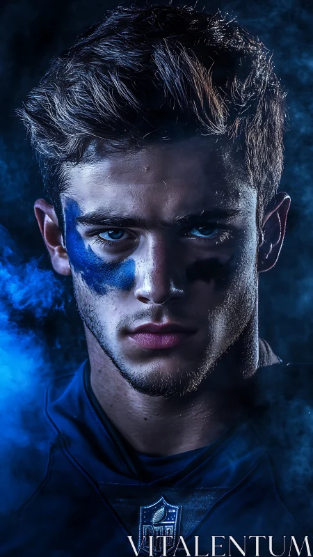 Close portrait of male athlete with blue face paint.