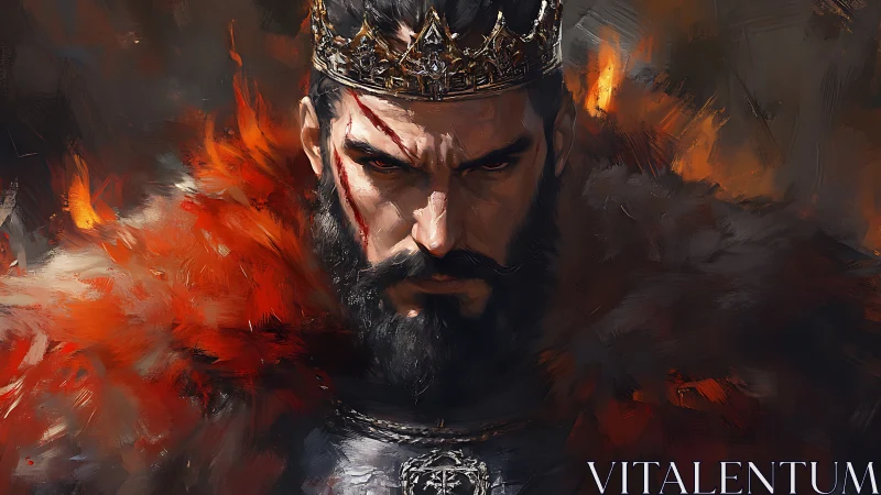 Scorched war king portrait with ember-saturated fur mantle.