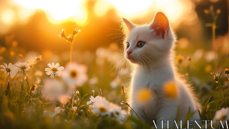 White Kitten in Sunlit Flower Field at Golden Hour
