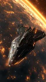 Sleek starfighter ascending over molten twilight world.