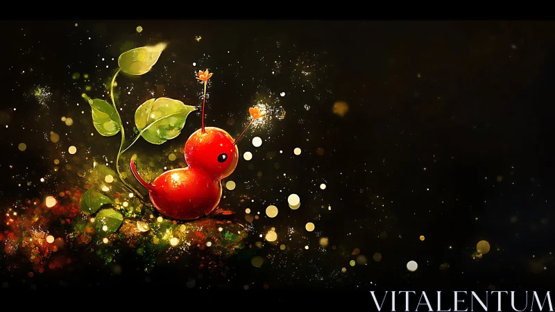 Red plant creature with glowing particles on dark field.