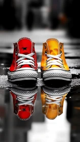 Red and yellow sneakers stand on wet street reflecting brightly