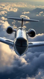 Sleek private jet cruising softly above glowing clouds.