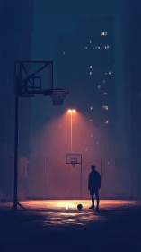 Silhouetted player on urban basketball court at night.