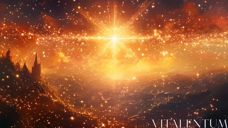 Radiant stellar burst illuminates mountainous cityscape in amber glow