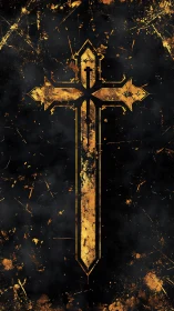 Gilded cruciform sword emblem on distressed dark ground