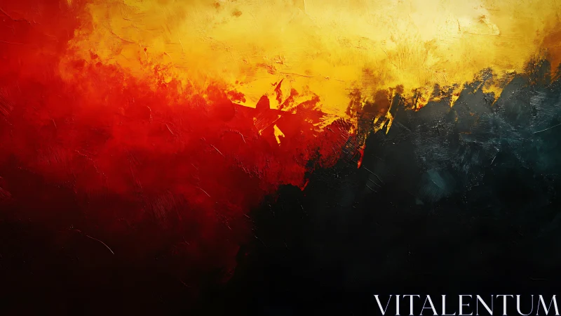 Abstract color field shows layered red, yellow and dark zones