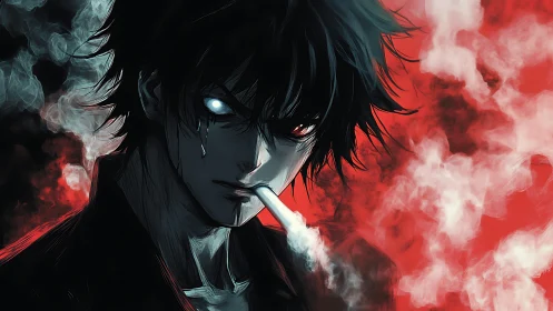 Dark anime antihero with glowing eyes in red smoke scene.