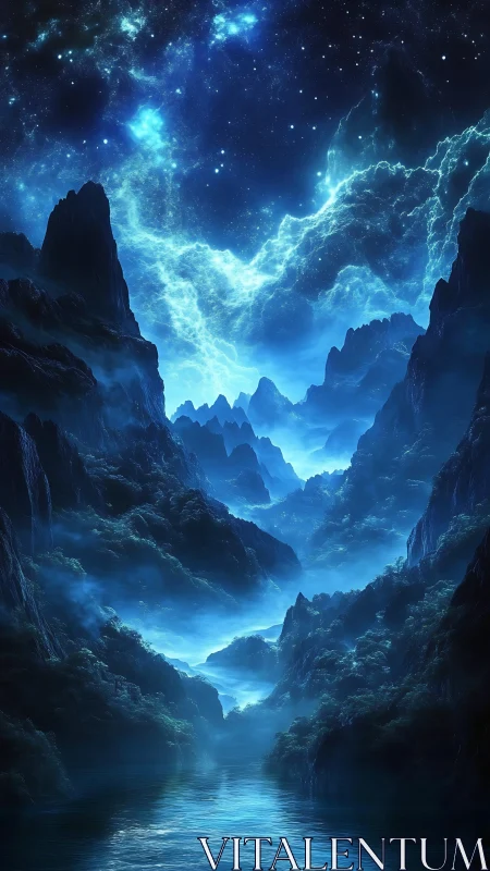 Starlit blue valley opens into a calm, mystical dreamscape