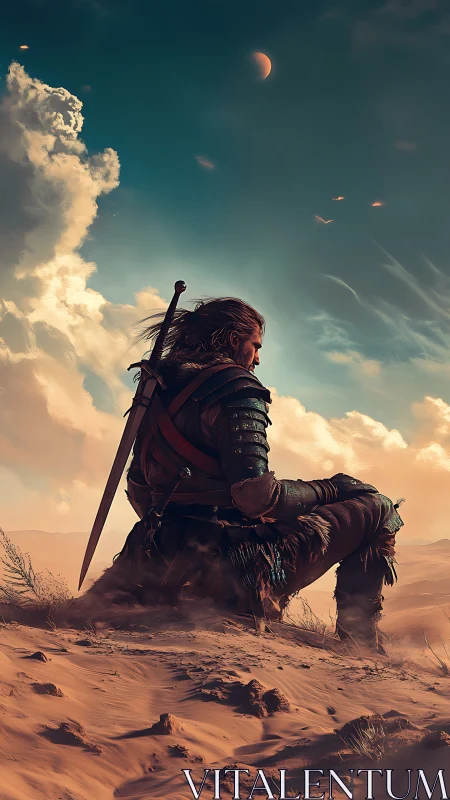 Armored desert wanderer resting beneath crescent planet sky