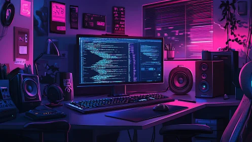 Dual-monitor coding workstation in neon lit home office.