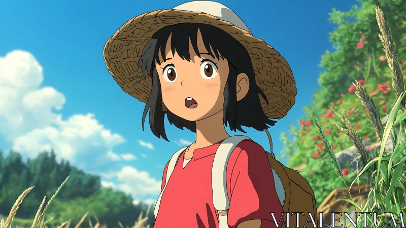 Anime pastoral portrait with sunlit summer field composition.