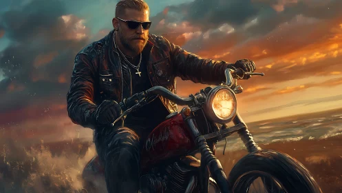 Sunset rider cuts through crashing surf on classic bike.