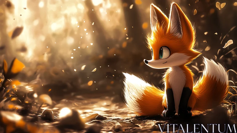 Backlit stylized fox in shallow-depth autumn forest clearing