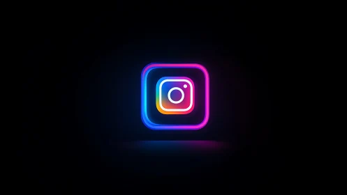 Neon gradient social media camera icon on black background.