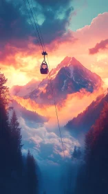 Skyline gondola gliding through molten-candy alpine sunset.