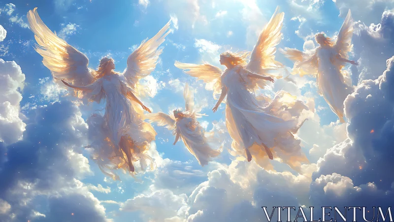 Radiant angelic figures illuminated by volumetric backlit clouds