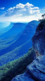 Sheer blue cliffs above misty forest valley at sunrise.