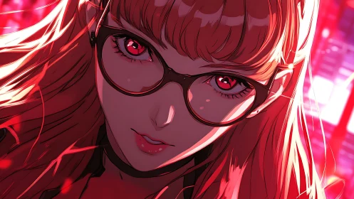Red lit anime hacker girl stares forward with sharp focus
