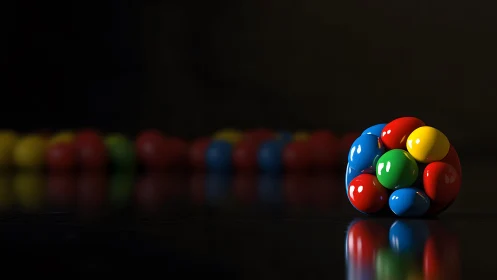 Color-saturated candy sphere on reflective black surface.