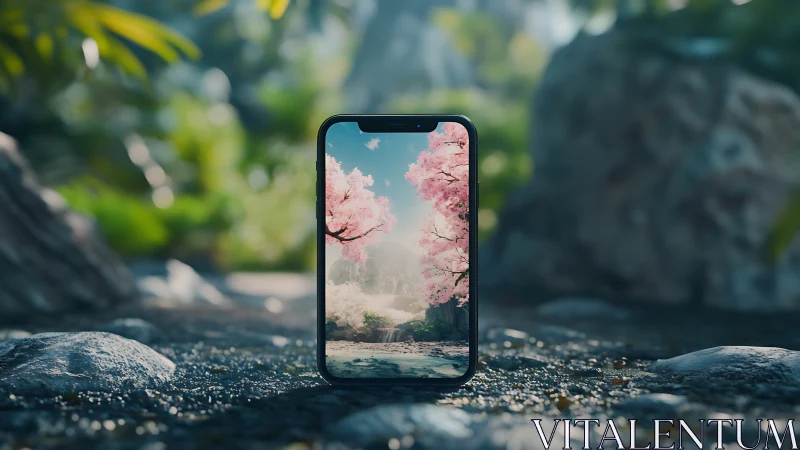 Smartphone with landscape screen in natural rocky setting.