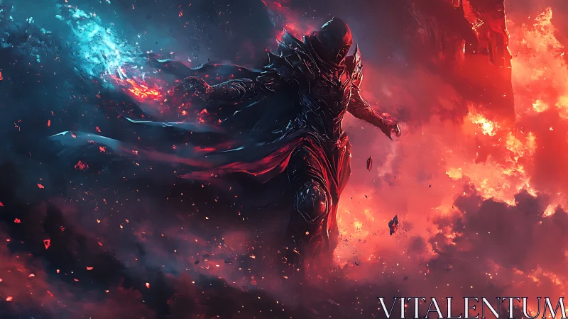 Hooded fire mage strides through chaotic burning skies