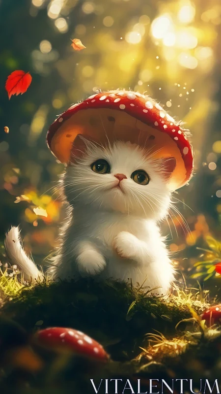 Gentle forest kitten wears a toadstool hat in golden light