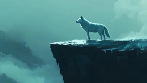 Lone white wolf surveys sheer cliff in teal mist.