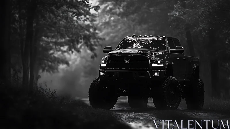 Lifted black pickup truck on forest trail in low light.