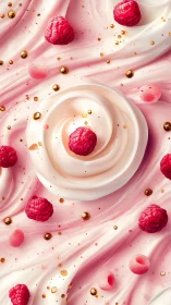 Raspberries and gold accents rest on pink whipped cream