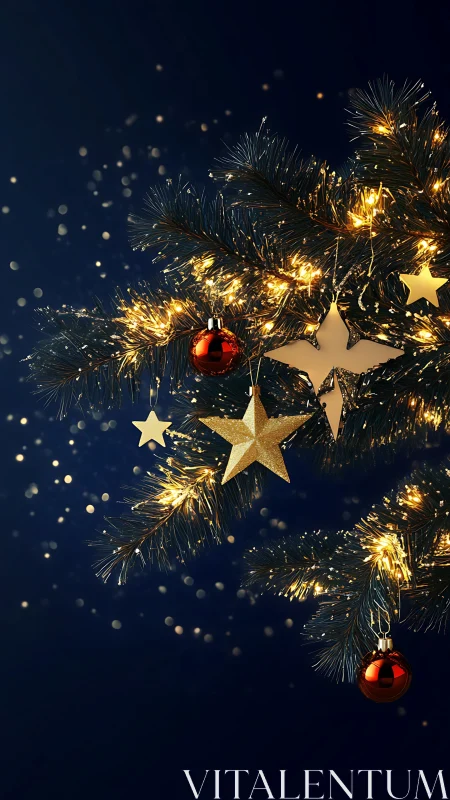 Golden star ornaments glow on midnight Christmas tree branch.
