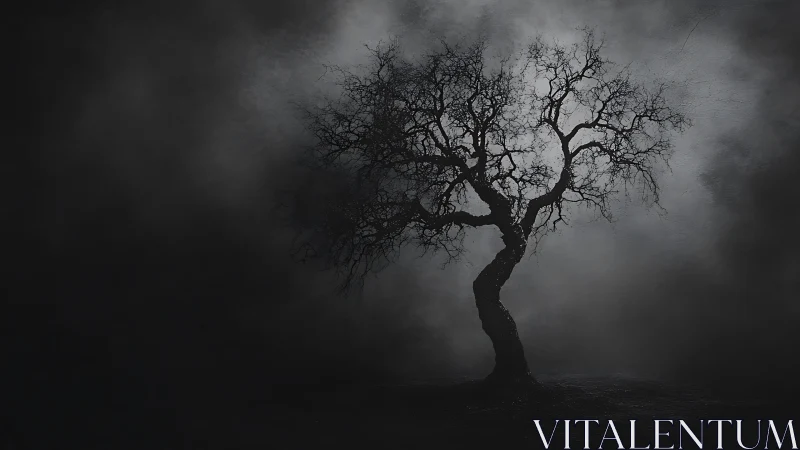 Solitary twisted tree emerges from deep nocturnal fog