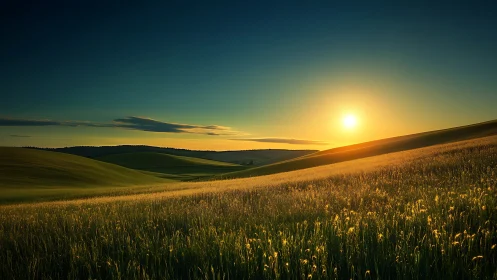 Golden evening sun gently warming rolling country hillsides