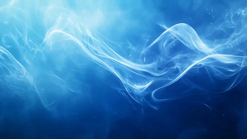 Abstract blue smoke waves on dark background, digital art style.
