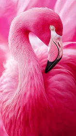 Close-up bright pink flamingo portrait with curved neck.