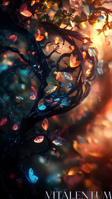 Enchanted obsidian tree with luminous butterfly leaves.