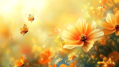 Sunlit petals whisper as butterflies drift through gold