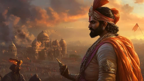 Regal warrior watching a temple city glow at dusk.