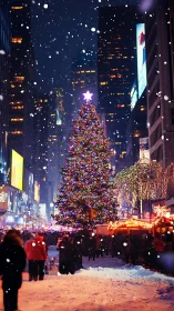 Snowy city plaza with towering illuminated Christmas tree.