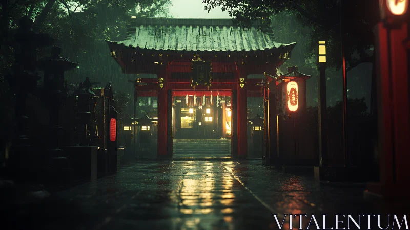 Rainlit shrine gateway glowing softly in the quiet night.