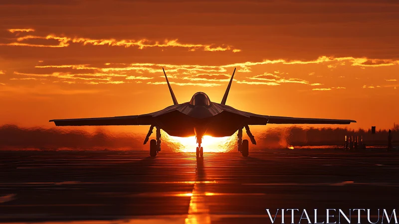 Stealth fighter jet waits on the runway against blazing sunset sky