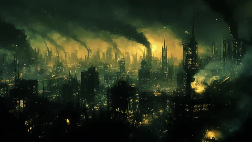 Cyberpunk industrial megacity skyline under toxic smog glow.