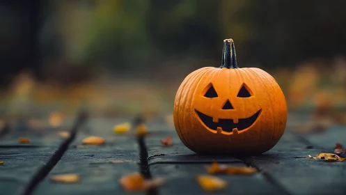 Grinning jack o&rsquo; lantern claims the quiet autumn boardwalk