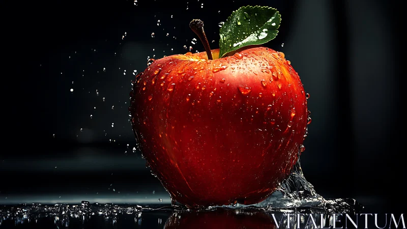 Macro-lit red apple with surface water droplets in motion