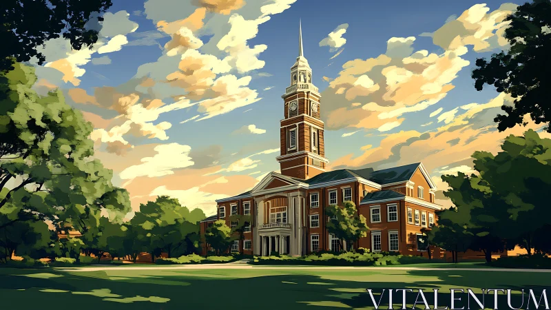Red brick campus building with central clock tower at dusk
