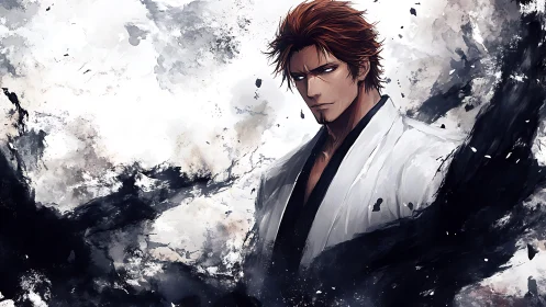 Anime swordsman in white robe amid swirling dark smoke.