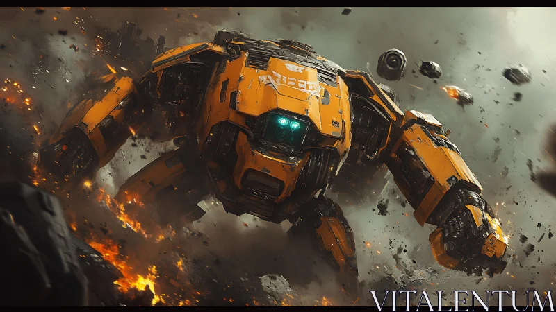 Heavily armored yellow combat mech impacts battlefield amidst debris