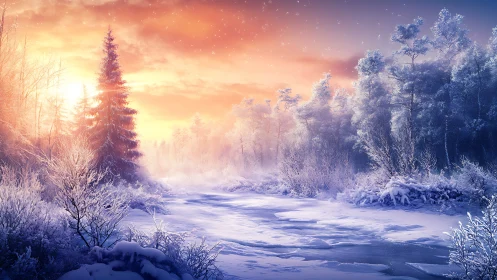 Spectral winter river under refracted sunrise radiance.