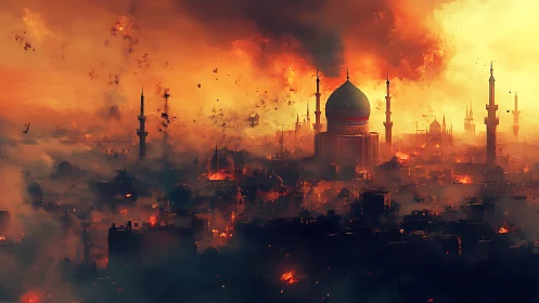 Burning domed city skyline with minarets under smoke