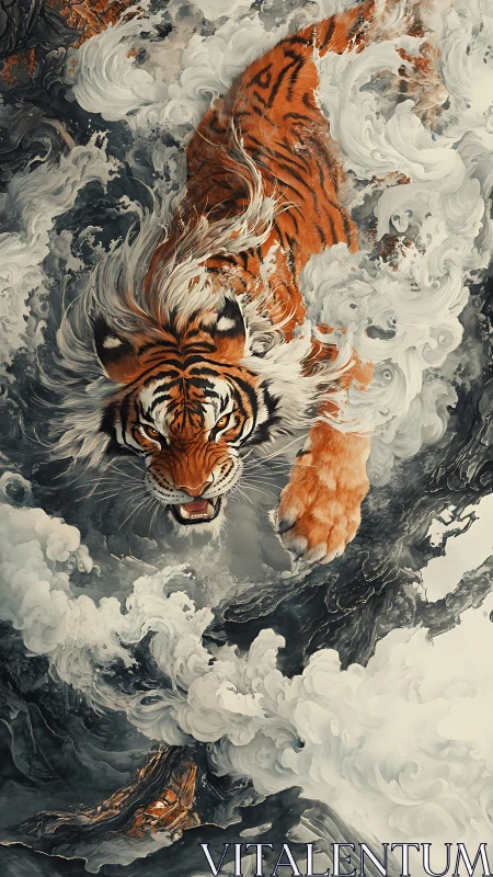 Dynamic tiger amid swirling elemental clouds, vertical digital painting.